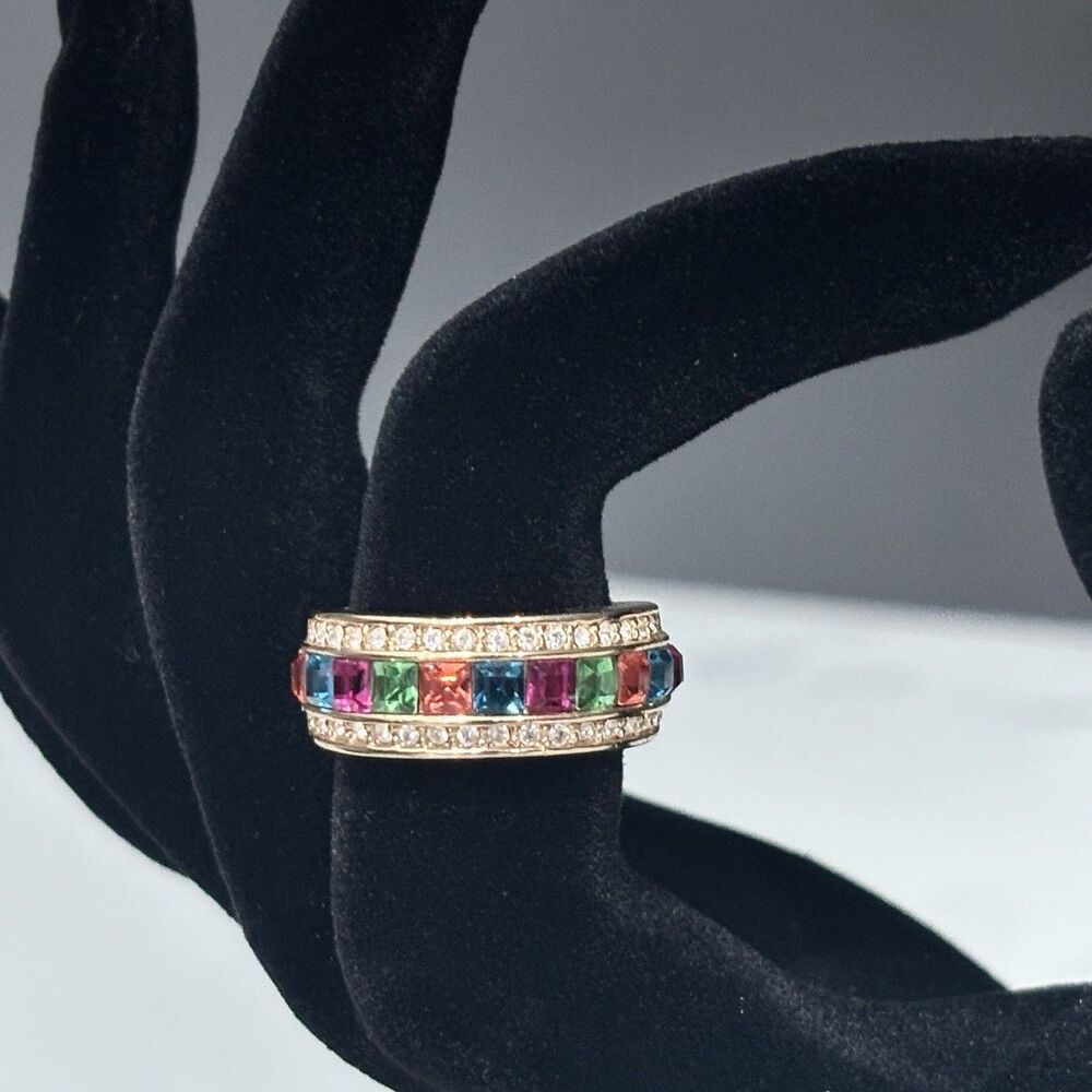 Vintage Multi Color Rainbow Rhinestone Band Ring Gold Tone 7